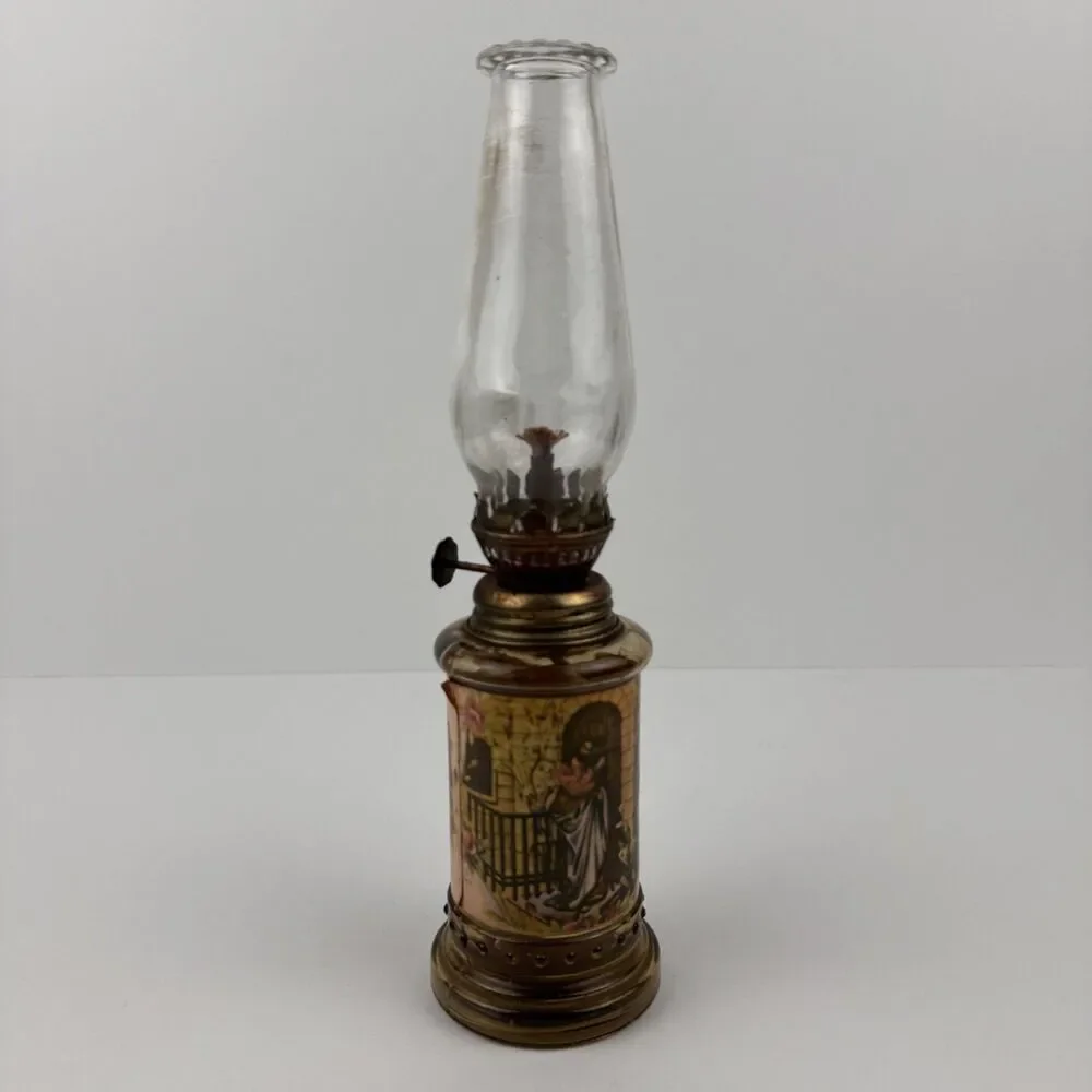 Vintage Oil Lamp Amber Glass Made in Hong Kong Jesus Knocking On The Door 1970s
